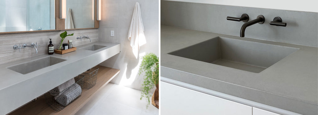 Collage of commercial concrete sinks in neutral and spacious restrooms.