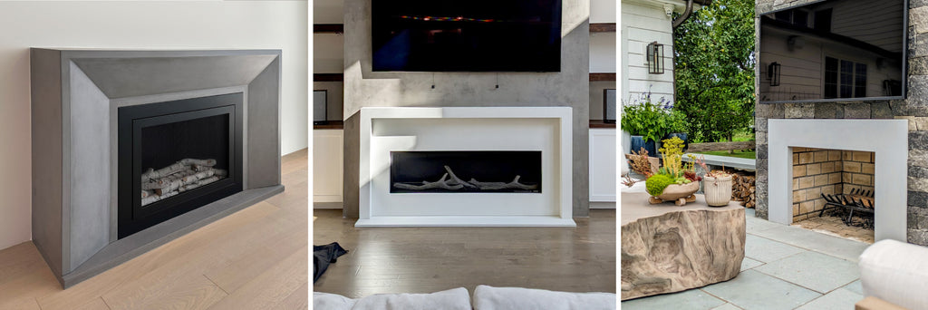 Collage of three custom concrete fireplace surrounds.