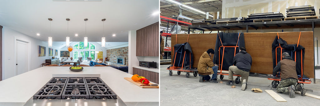 Collage of oversized kitchen island and how it was transported from the manufacturing facility.