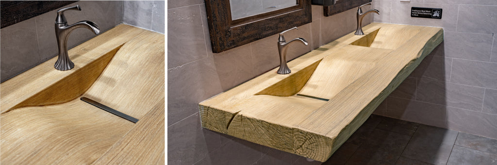 Collage of wood looking concrete ramp sinks with silver fixtures.