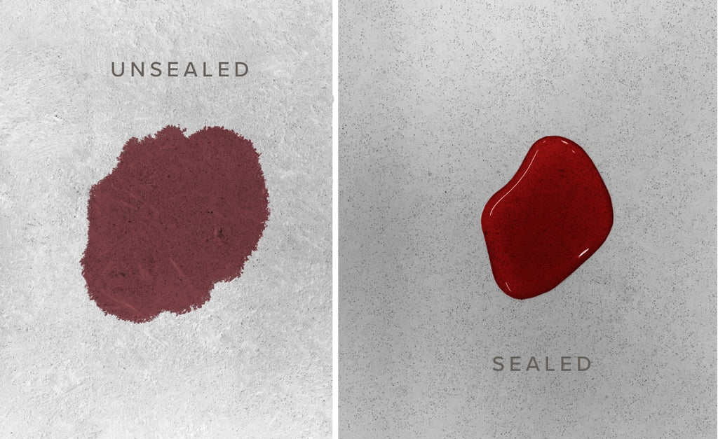 Side by side comparison of concrete countertop with red wine on unsealed vs sealed surface.