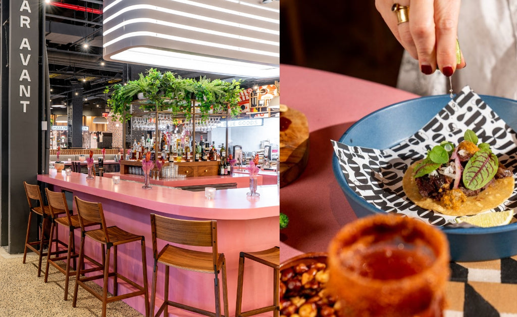 Collage of restaurant with pink concrete countertops.