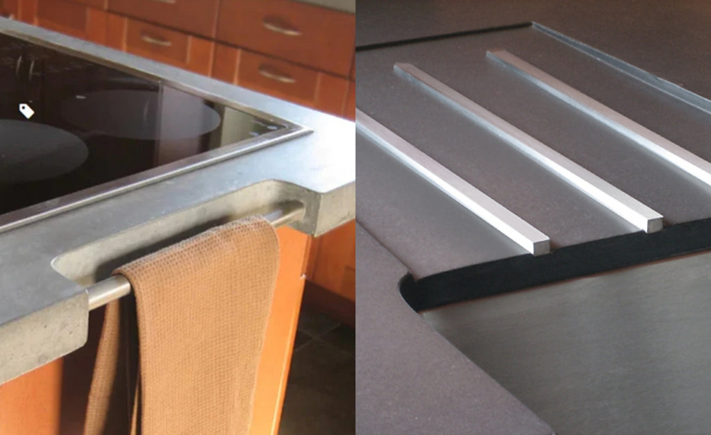 Collage of concrete countertops with built in elements like a towel rack and drainboard.