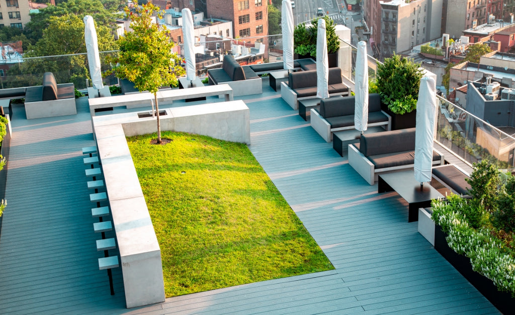 Bird's eye view of the rooftop space at Squarespace headquarters.