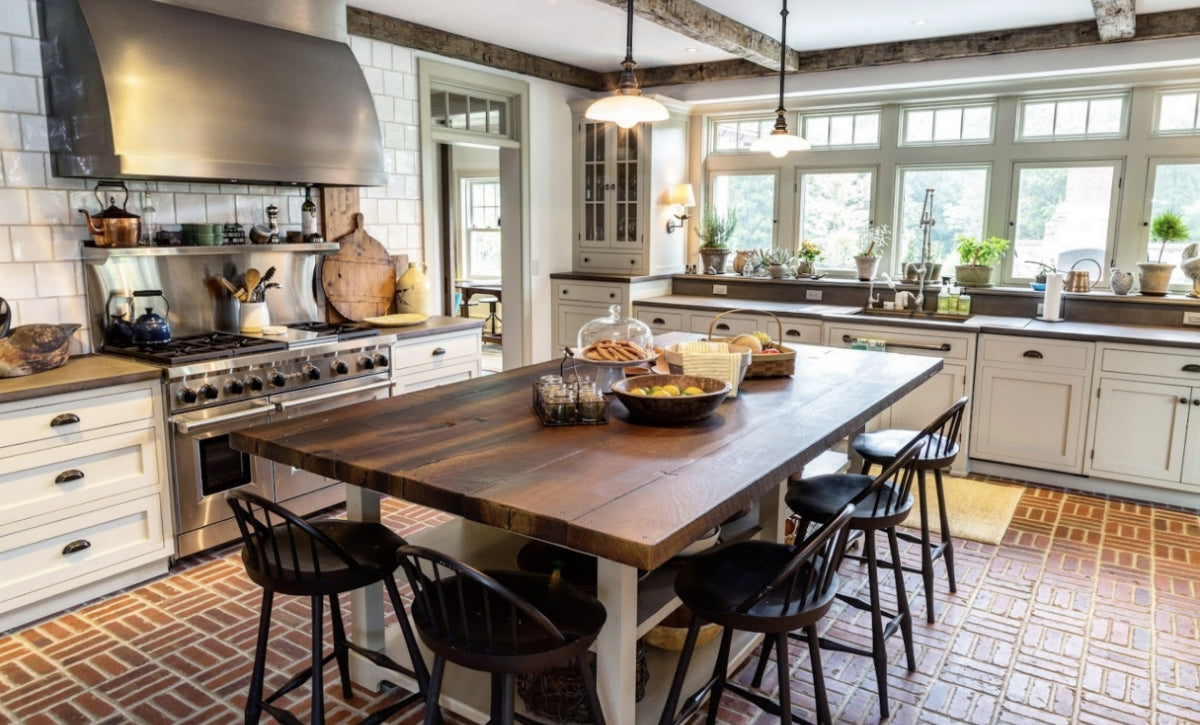 Cozy-rustic kitchen with butcher style concrete countertops.