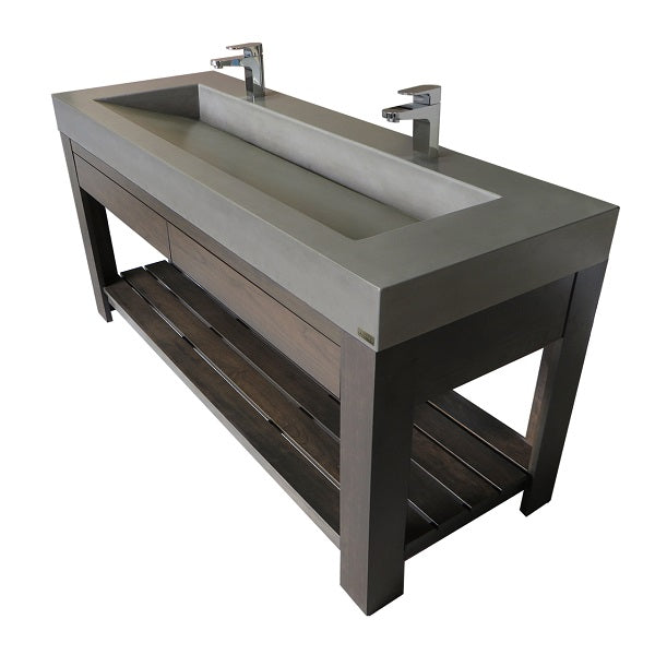 Double vanity console sink with concrete trough sink and silver fixtures.