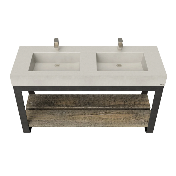 Double vanity bathroom console with two concrete sinks.
