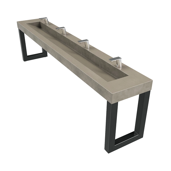 Commercial grade concrete console sink with four stations.