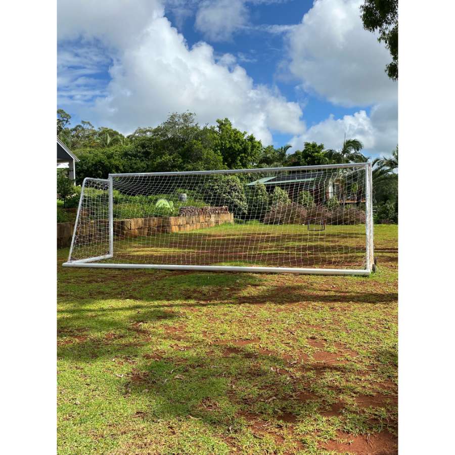 Veto Portable Aluminium Full Size Soccer Goal with Wheels Garden Back View