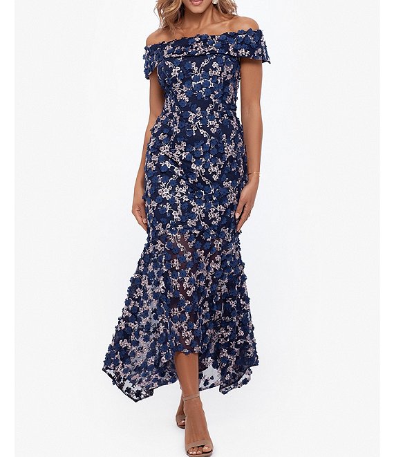 Xscape Floral Off-the-Shoulder Tea Length Gown