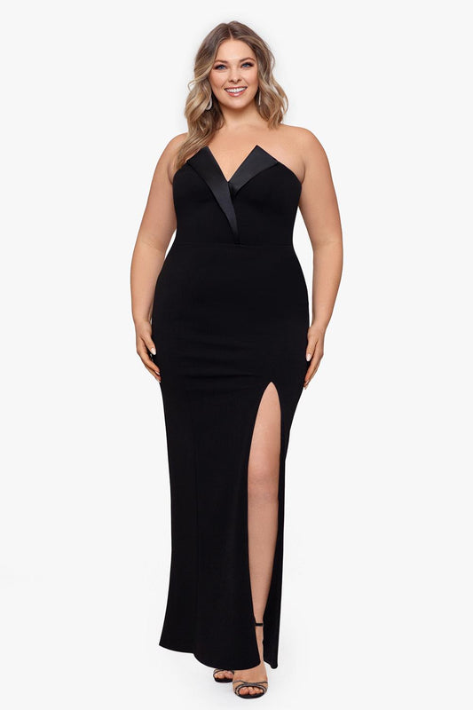Betsy & Adam Strapless Tuxedo Top Gown