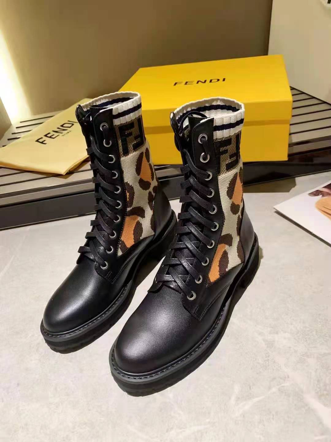 FENDI  Trending Women's men Leather Side Zip Lace-up Ankle Boots Shoes High Boots10180xf