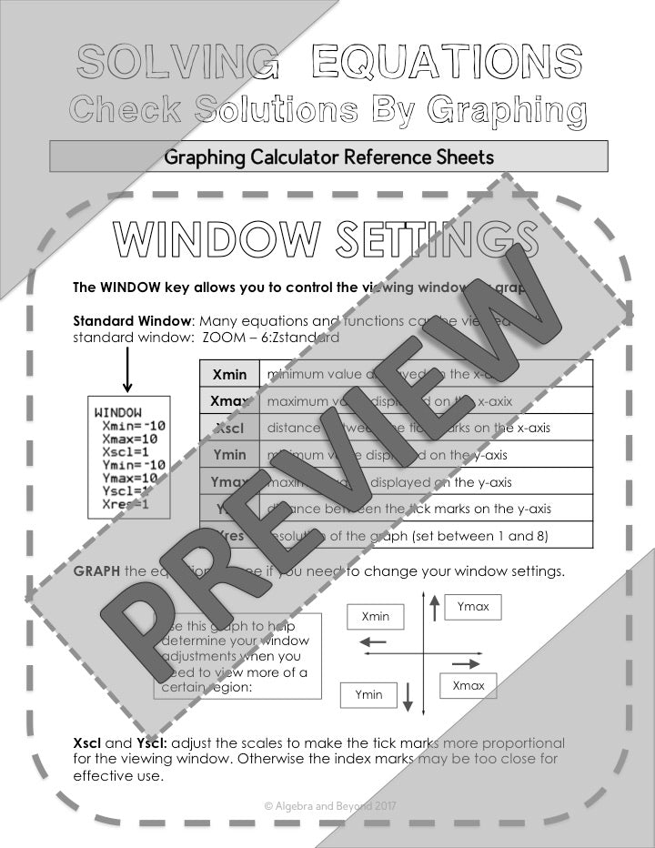 Window Settings and Graphing Equations | TI-84 Calculator Reference Sheets