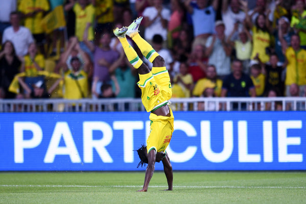 Moses Simon celebrates his goal for FC Nantes against LOSC Lille in the French Ligue 1 on August 12, 2022