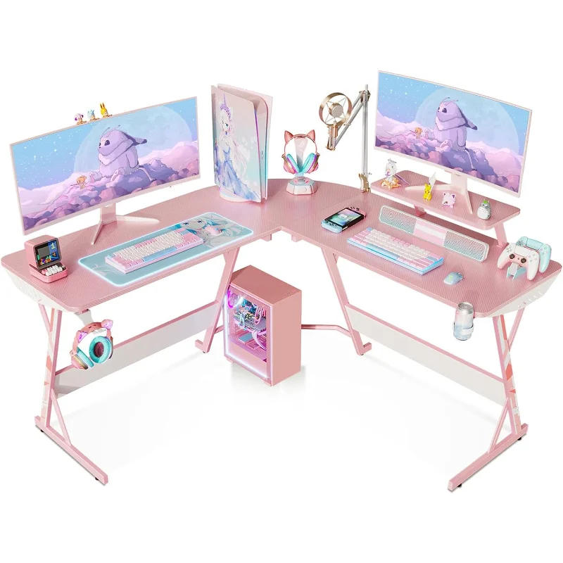MOTPK Pink Gaming Desk L Shaped, 51 Inch Gamer Desk Gaming Table with Carbon Fiber Texture, Corner Computer Desk L Shape