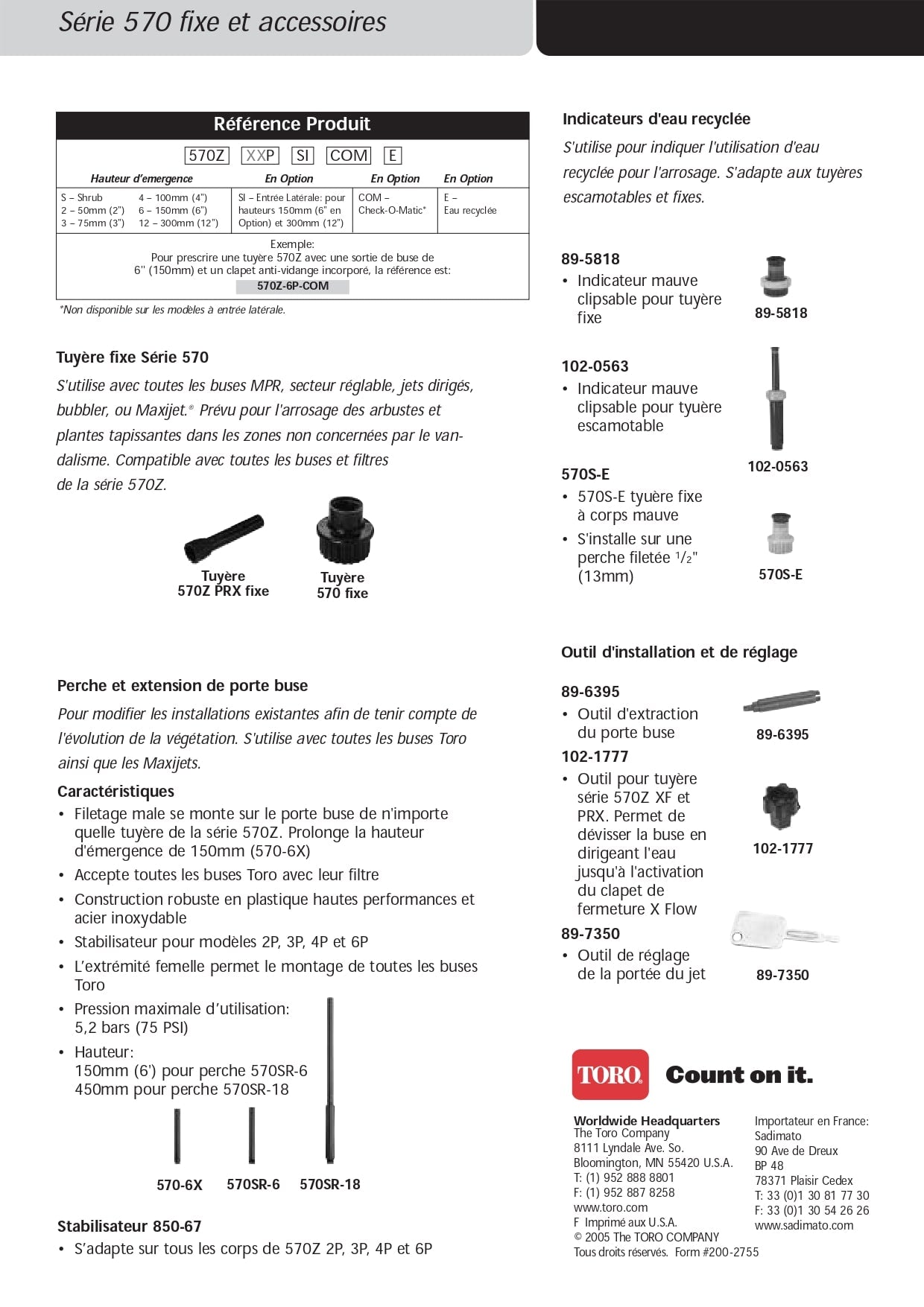 Fiche technique Adaptateur femelle 1/2" série 570 Z Toro