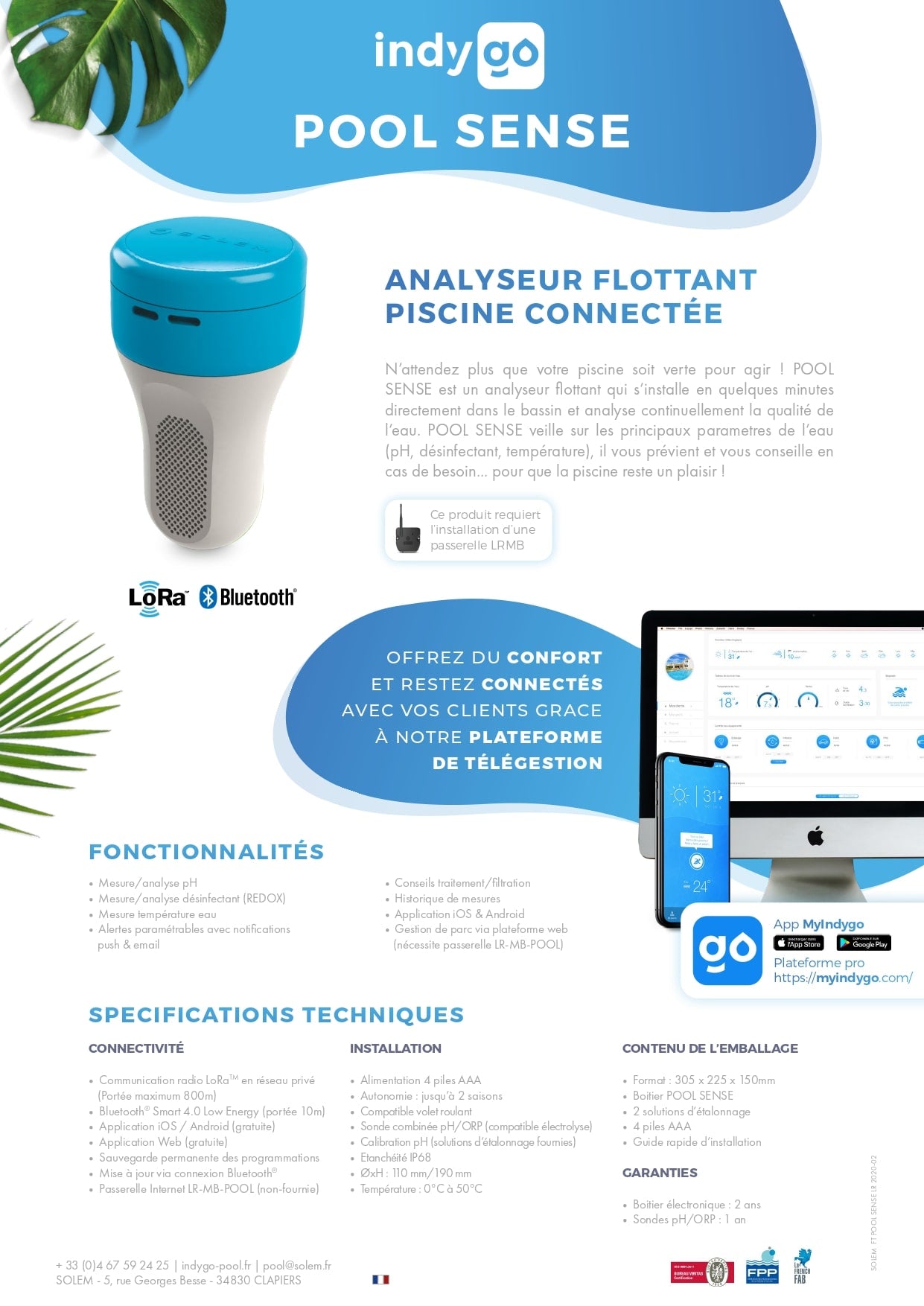 Fiche technique analyseur flottant connecté pour piscine POOL SENSE