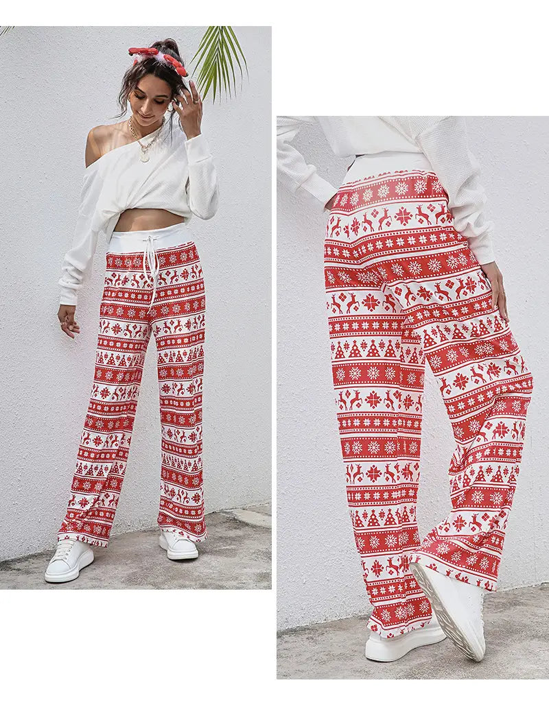 Christmas Print Drawstring Pants