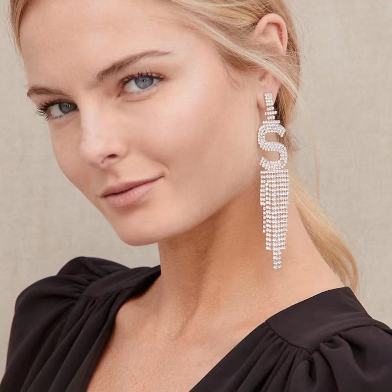 Rhinestone Letter B Tassel Earrings