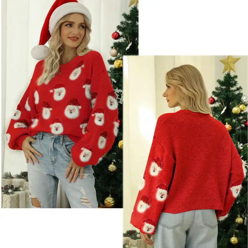 Cute Santa Print Knit Sweater