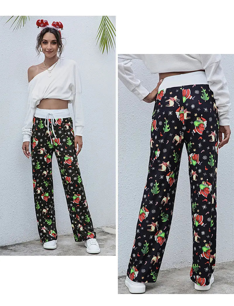 Christmas Print Drawstring Pants