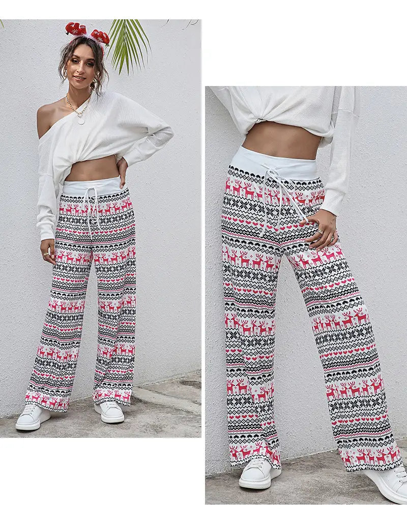 Christmas Print Drawstring Pants