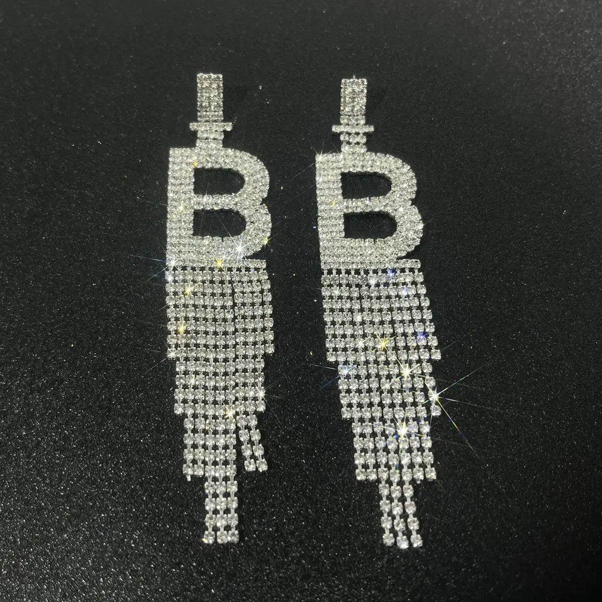 Rhinestone Letter B Tassel Earrings