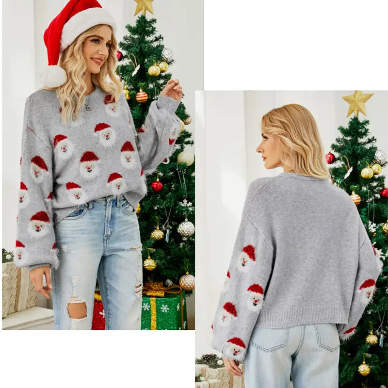 Cute Santa Print Knit Sweater