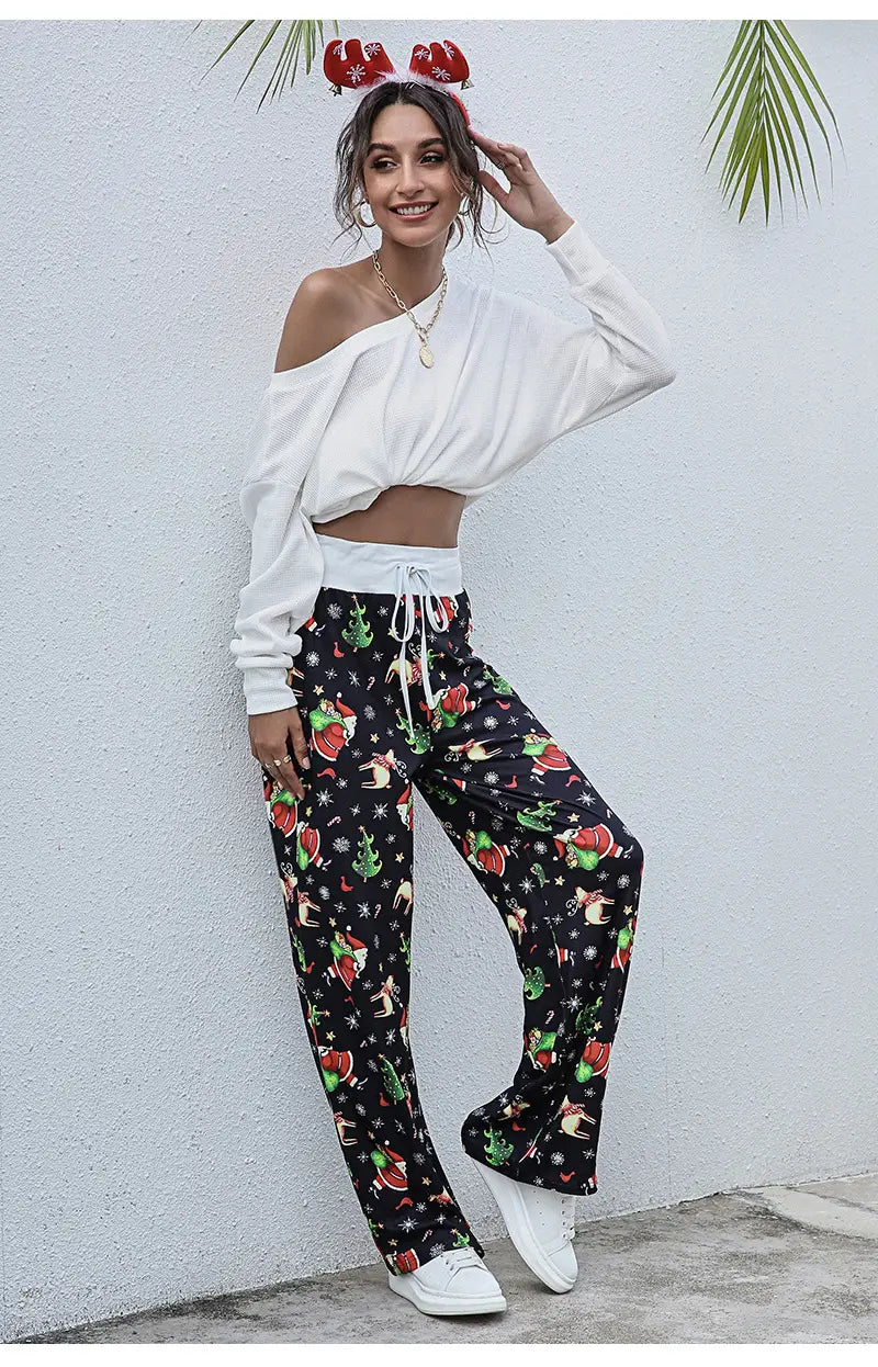 Christmas Print Drawstring Pants