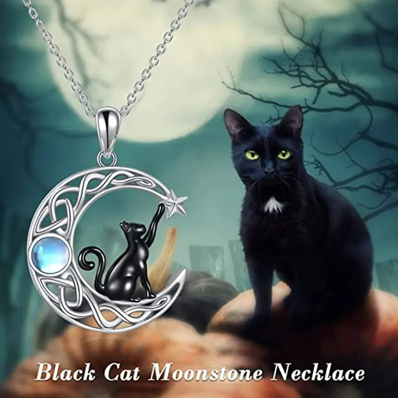 Black Cat Pendant with Moon and Stars