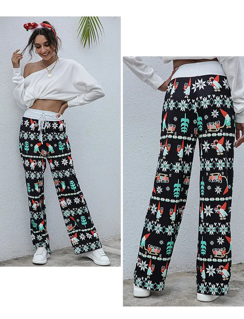 Christmas Print Drawstring Pants