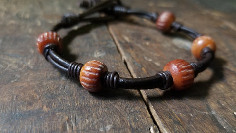 chuma African Trade Bead Bracelet with Leather Button & Loop Closure