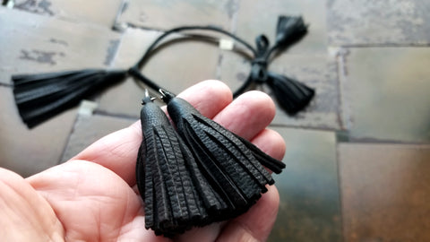 Tilu, Tiny Tassel Earrings, Deerskin Leather, Black, and matching tassel necklace