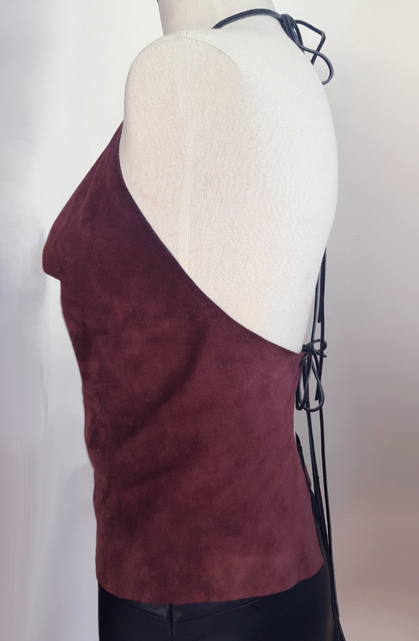 Backless Leather Halter Top - Deep Scoop Cowl Neck Suede Leather Top ...
