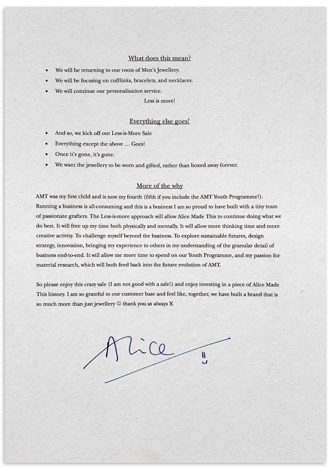 Alice Made This | The Future of AMT | A message from Alice | Less is More | pg2