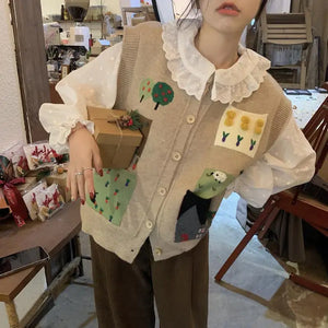 Territory Korean Spring Autumn Long Sleeve White Shirts Women Flare Sleeve Kawaii Collar Ruffle Blouse Knitted Vest Sets - Territory™