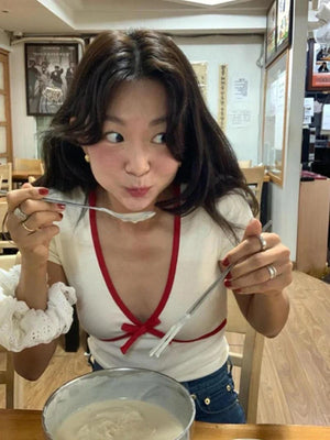 Territory  Patchwork Bow V Neck Tshirts Women Summer Sweet Y2k Aesthetic Chic Tee Shirts Sexy Vintage Slim Harajuku Crop Top - Territory™