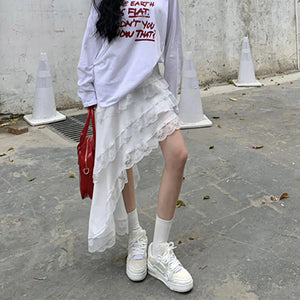 Territory  Y2K White Irregular Midi Skirt Women Gothic Black Lace Patchwork Skirts Harajuku Korean High Waist Casual A Line Skirt New - Territory™
