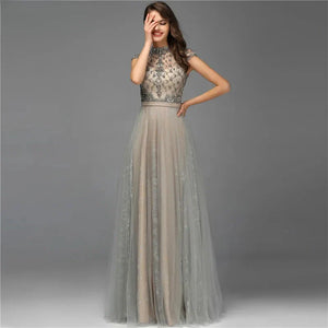 Territory Grey O Neck Short Sleeves Evening Prom Dresses Customized Best Price A Line Beaded Midi Party Gowns With - Territory™