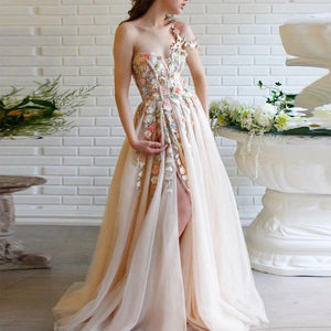 Territory Champagne Tulle Sleeveless Sweetheart 3D Flower Decal Beaded Pearl A-line Side Split Evening Dresses Annual  Prom Dresses - Territory™