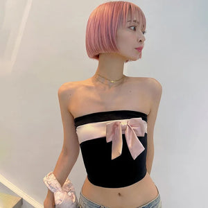 Territory Bow Strapless Tight Crop Top Streetwear Y2k Clothes Summer 2024 Girly Coqqutte Tube Tops Korean Style - Territory™