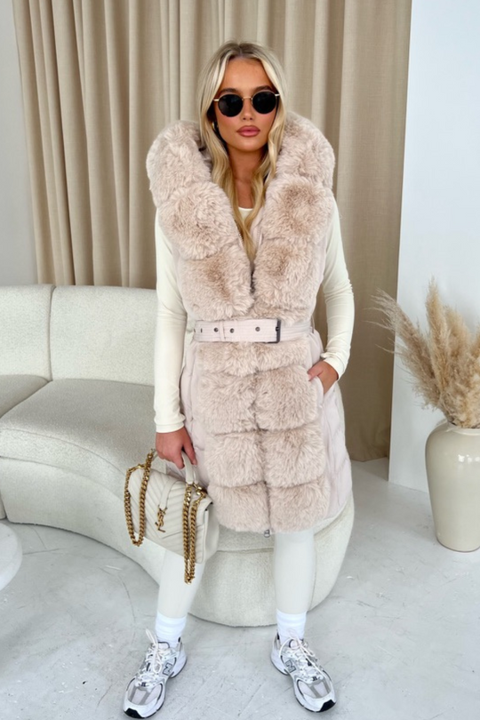 Isobella Belted Faux Fur Trim Hooded Coat - Cream – GlamDoll Fashion