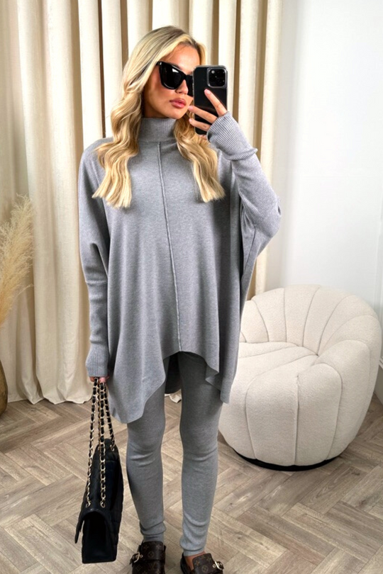 Grey High Neck Knitted Loungewear Set | SilkFred US