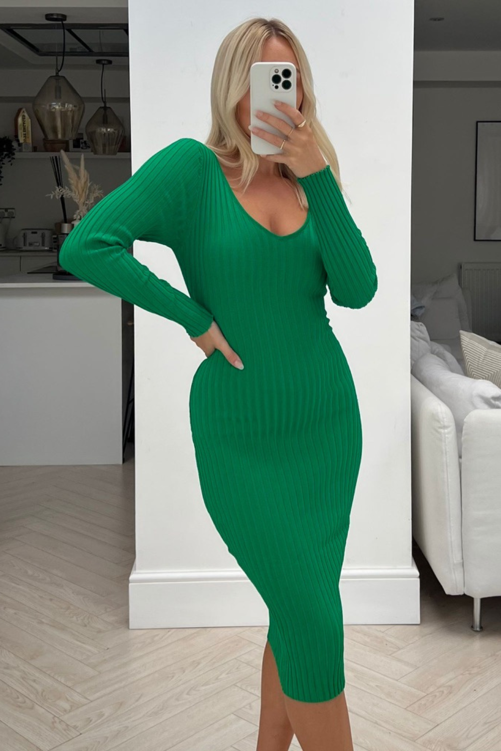 Wynter green long sleeve ribbed v neck dress – Glamify Famous For Loungewear