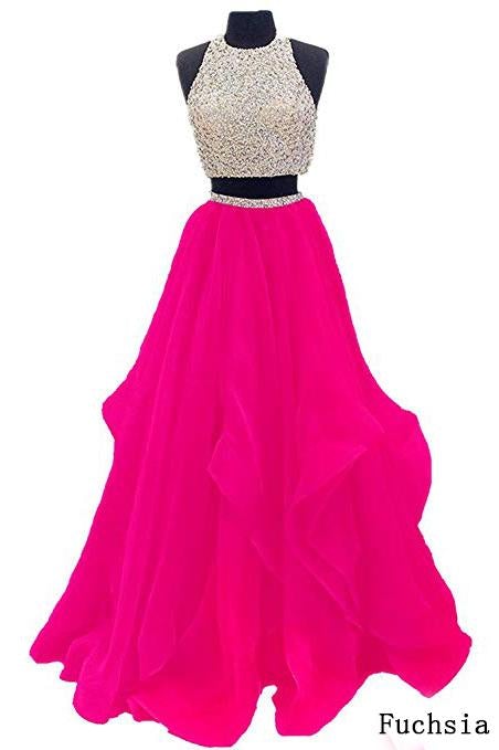 2 Piece Floor Length Burgundy Prom Dress Beaded Open Back Evening Gown ...