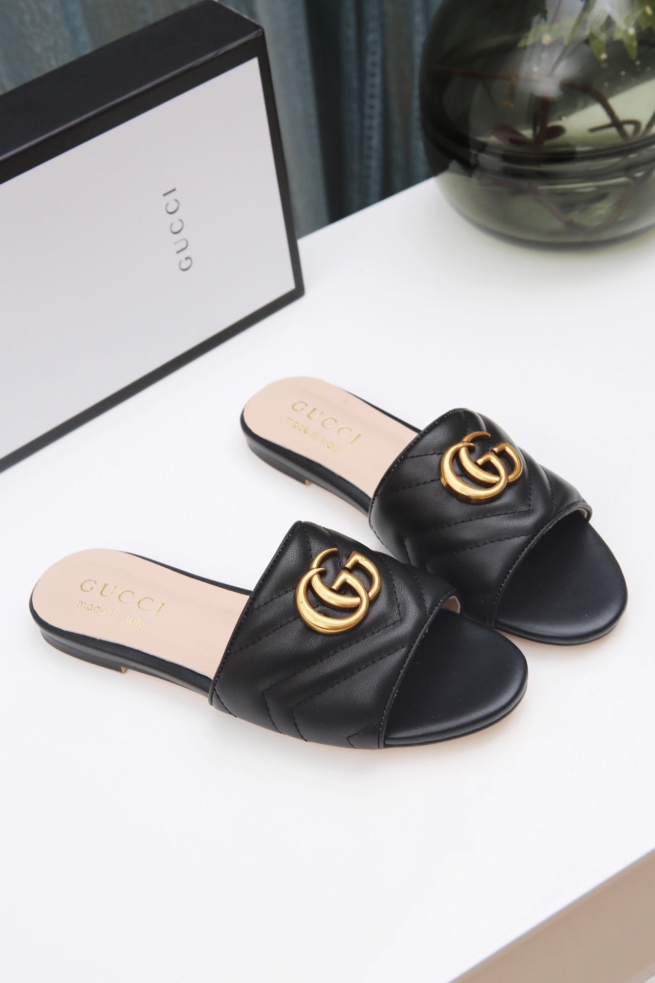 GU-CCI GG 2022 New Women Fashion Leather Casual High Heeled Shoes Flat Sandal Slippers