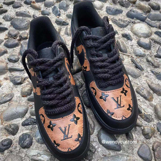 Black Full LV Leather Air Force One Custom Sneaker for Man