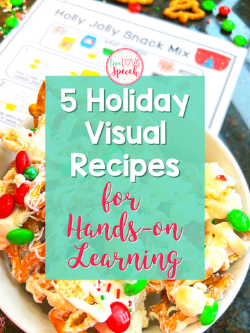 Visual recipes like these are perfect for your Speech Therapy or General Education classroom. With fun holiday themes, these visual recipes will help you hit important vocabulary, fine-motor, collaboration, and step-by-step instruction practice during the month of December. These kid-friendly holiday visual recipes are not only fun and engaging but super tasty as well! Build your student's confidence and hit targeted goals with these awesome holiday visual recipes you and your students will love! #livelovespeech #holidayrecipesforkids #visualrecipes #cookingwithkids #cookingintheclassroom