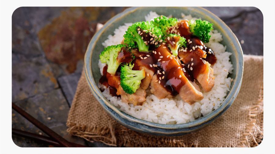 teriyaki chicken rice bowl with mirin and veggies