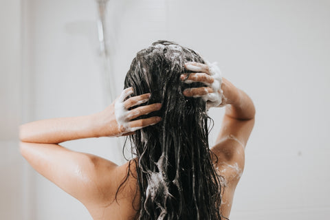 brunette long hair woman shampooing hair, hair wash